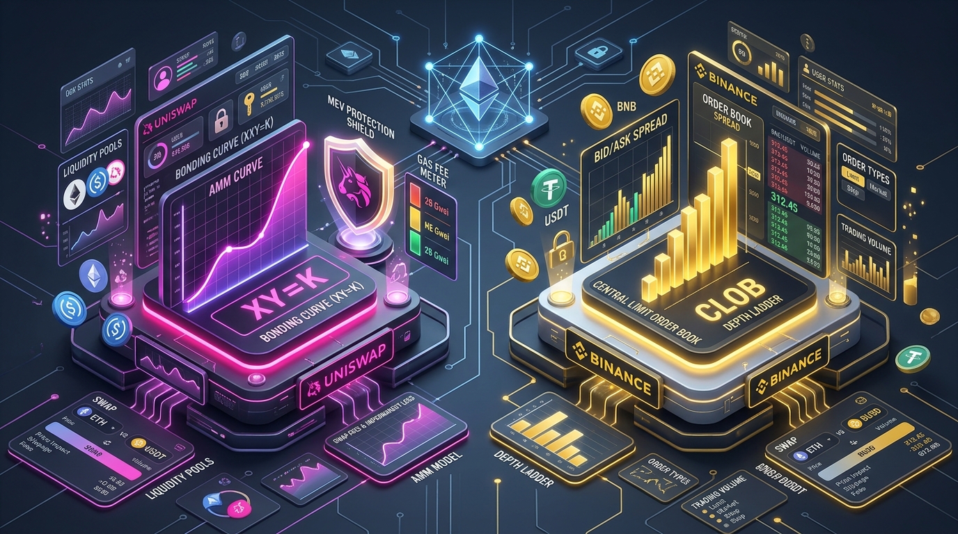 DEX vs CEX Price Comparison: Uniswap vs. Binance — AMM Bonding Curves, Order Books, MEV Sandwich Attacks, and All-In Execution Costs Compared